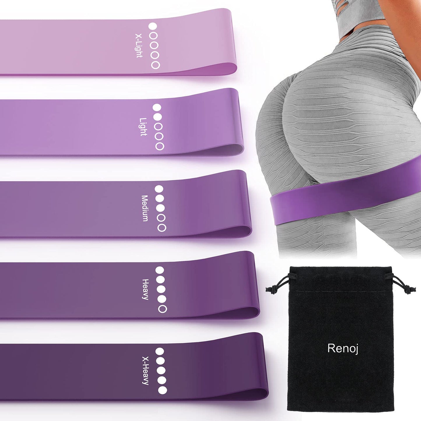 Renoj Resistance Bands, Exercise Workout Bands for Women and Men, 5 Set of Stretch Bands for Booty Legs