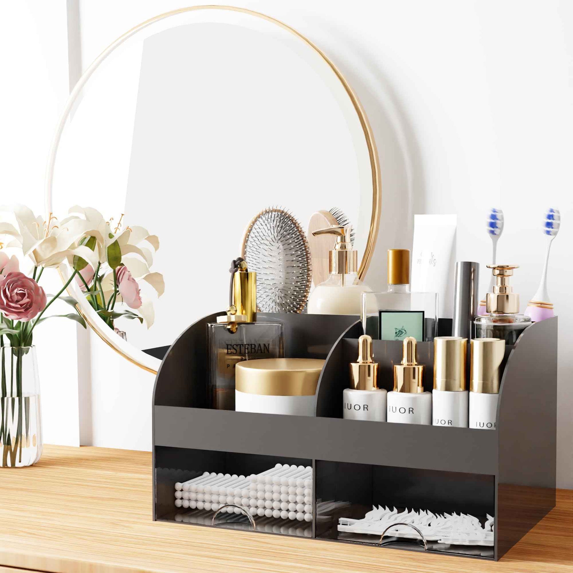 Makeup Organizer with Drawers, Cosmetic Storage for Dresser Vanity and Bathroom Countertop, Beauty Holder for Lipstick Brush, Skincare Organizer for Vanity, Cosmetic Display Case (Black)