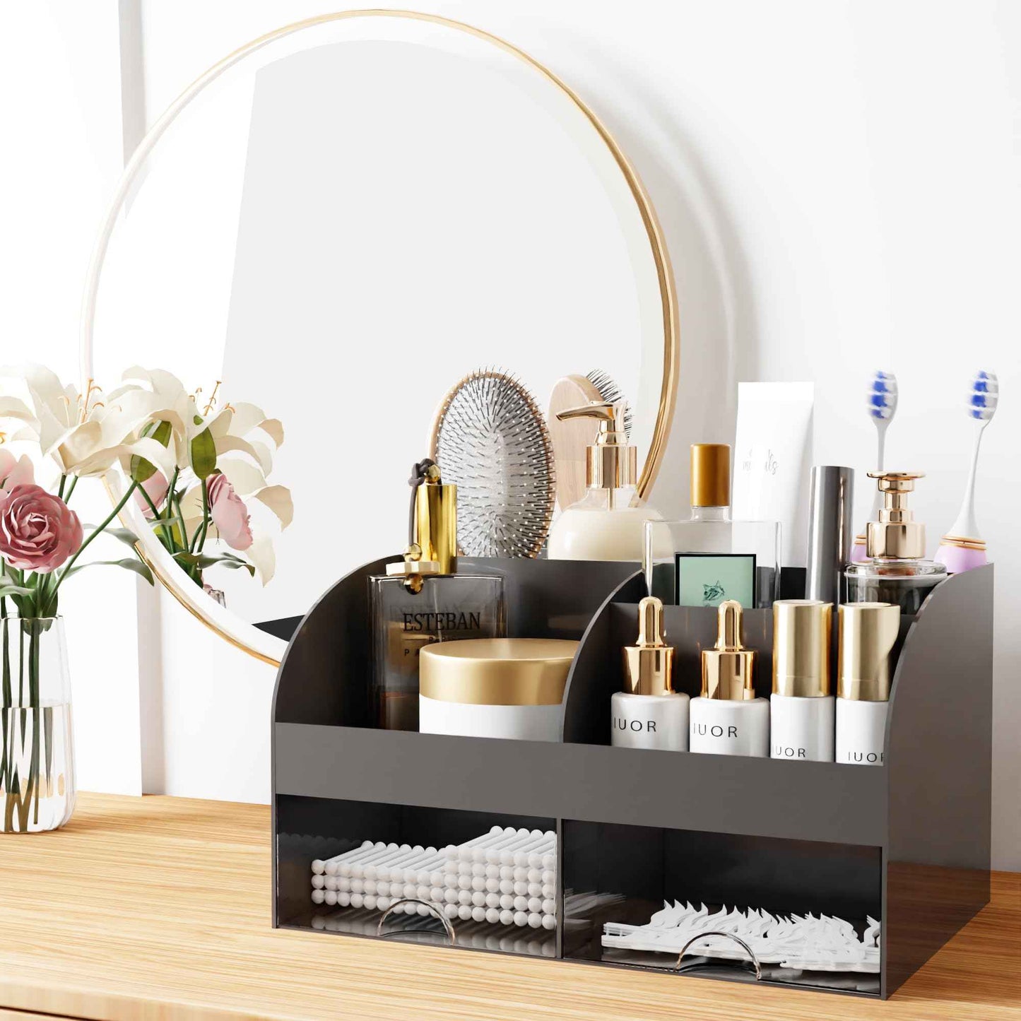 Makeup Organizer with Drawers, Cosmetic Storage for Dresser Vanity and Bathroom Countertop, Beauty Holder for Lipstick Brush, Skincare Organizer for Vanity, Cosmetic Display Case (Black)