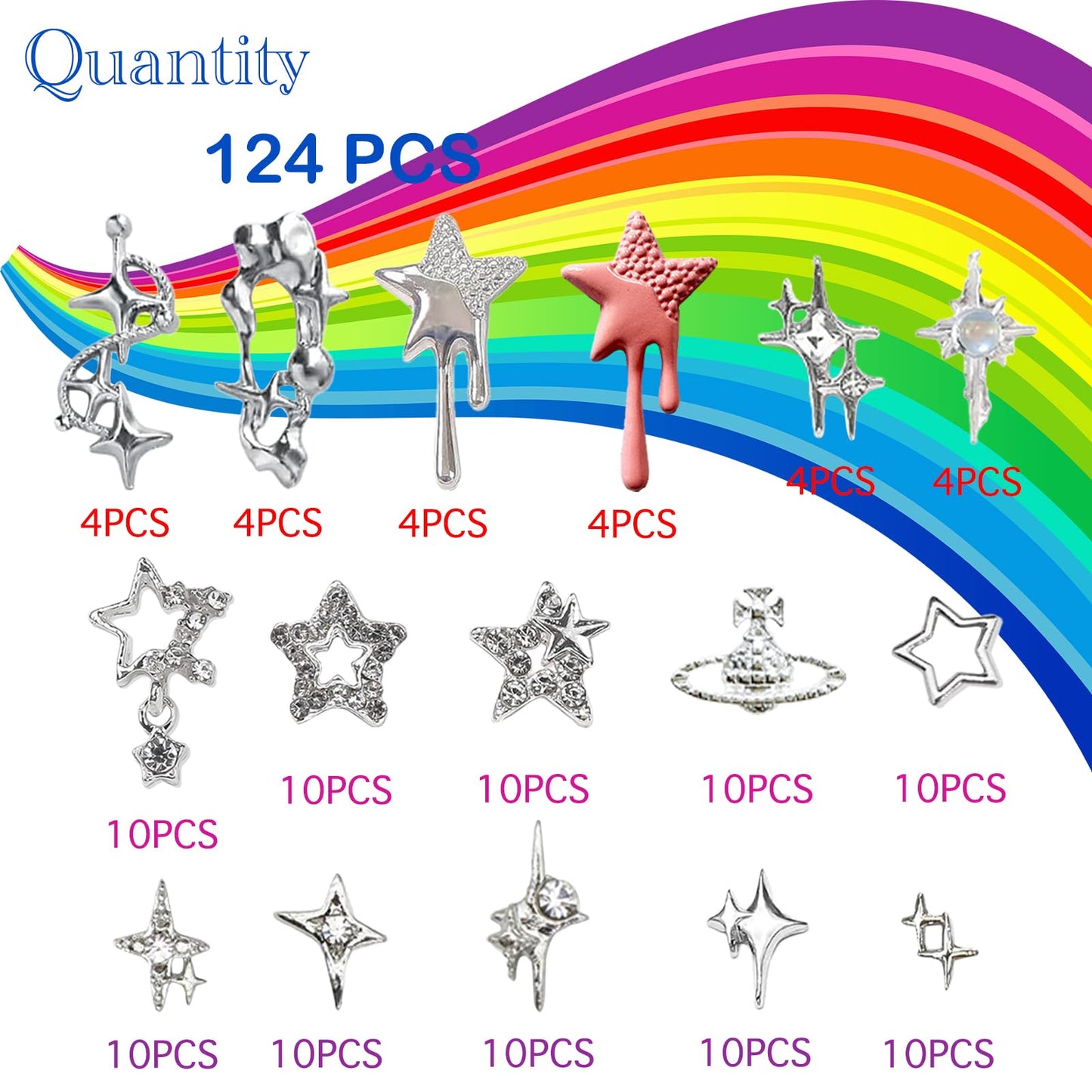 XIYONALI 124PCS Star 3D Nail Charms for Acrylic Nails, Silver Nail Gems Alloy Starburst Nail Accessories, Nail Rhinestones for Nail Art Supplies Manicure Craft DIY