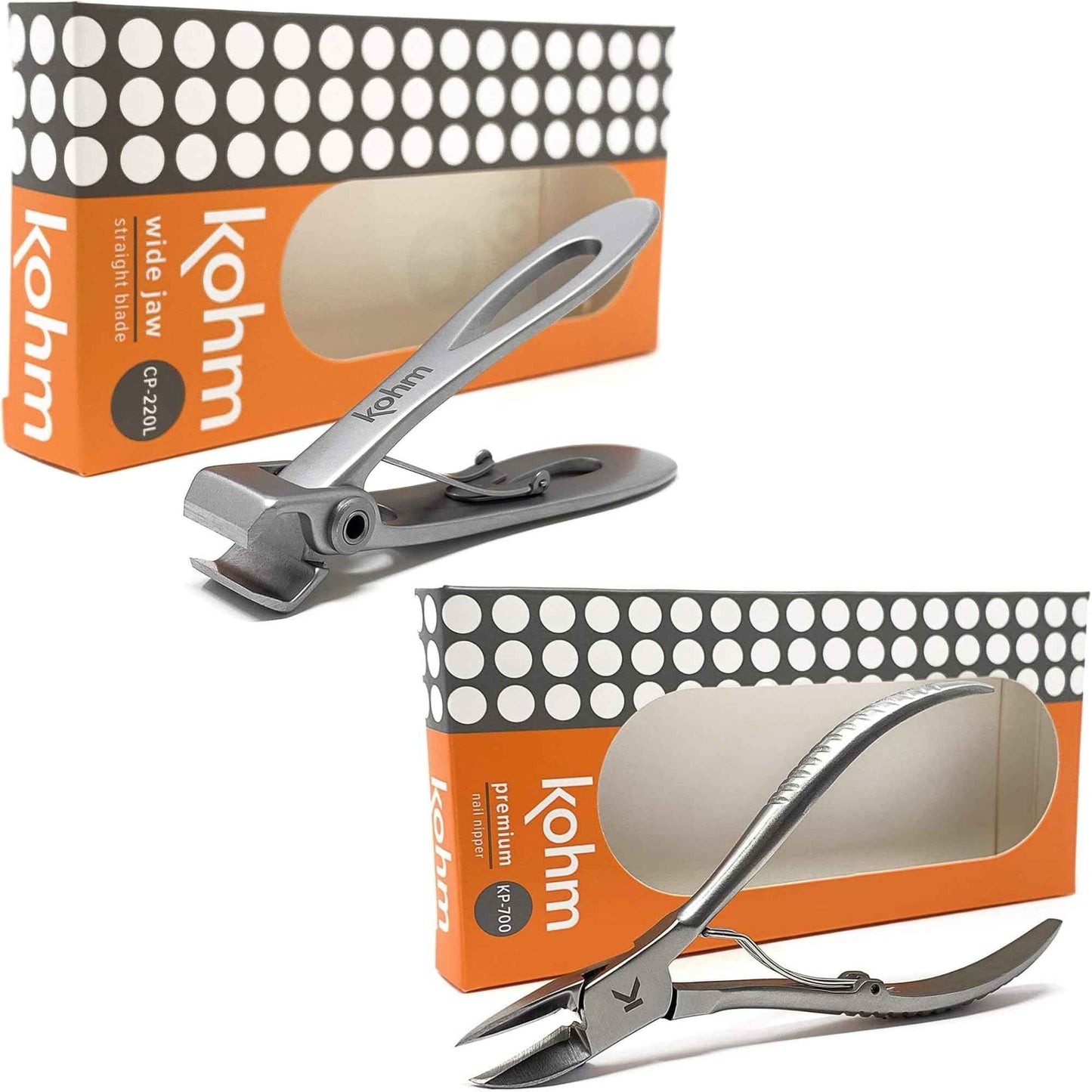 KOHM Nail Clippers + Ingrown Toenail Clippers for Thick Nails - Heavy Duty, Wide Mouth Professional Fingernail and Toenail Clippers for Men, Women & Seniors, Silver