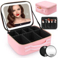 JXAUDEKK Large Capacity Travel Makeup Train Case with LED Mirror,Rechargeable LED Light for Makeup Cosmetic Case with Brushes Storage Organizer,Travel Box Cosmetic Bag for Women (pink)