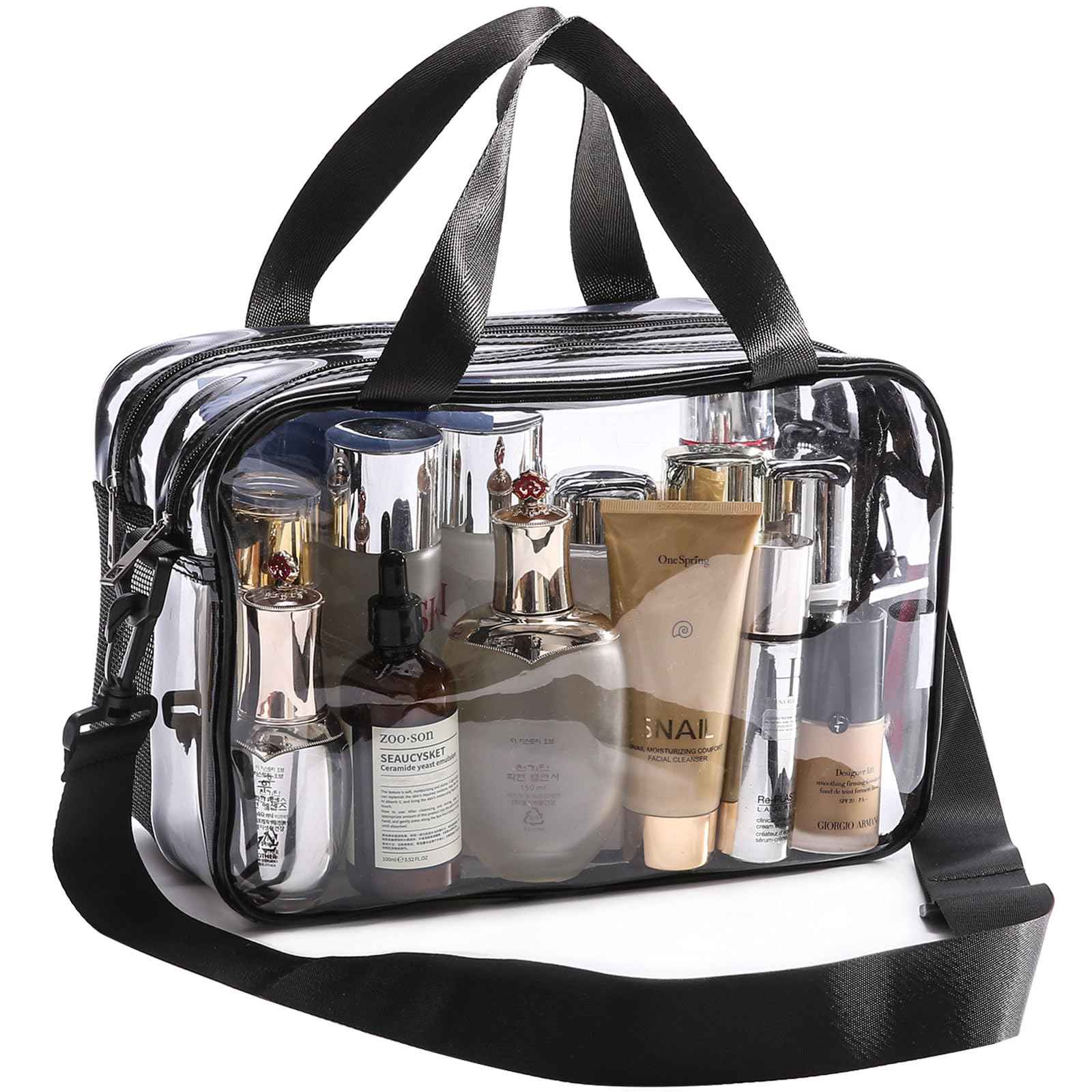 Officentra Clear Toiletry Bag for Women with Zipper–Clear Makeup Bag with Shoulder Strap & Handheld Handles – Stadium Bags for Women with Wet/Dry Compartments for Concerts, Travel, Work & Sports