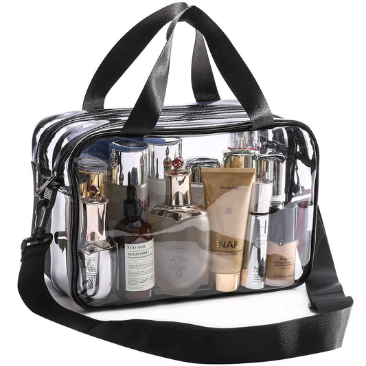 Officentra Clear Toiletry Bag for Women with Zipper–Clear Makeup Bag with Shoulder Strap & Handheld Handles – Stadium Bags for Women with Wet/Dry Compartments for Concerts, Travel, Work & Sports