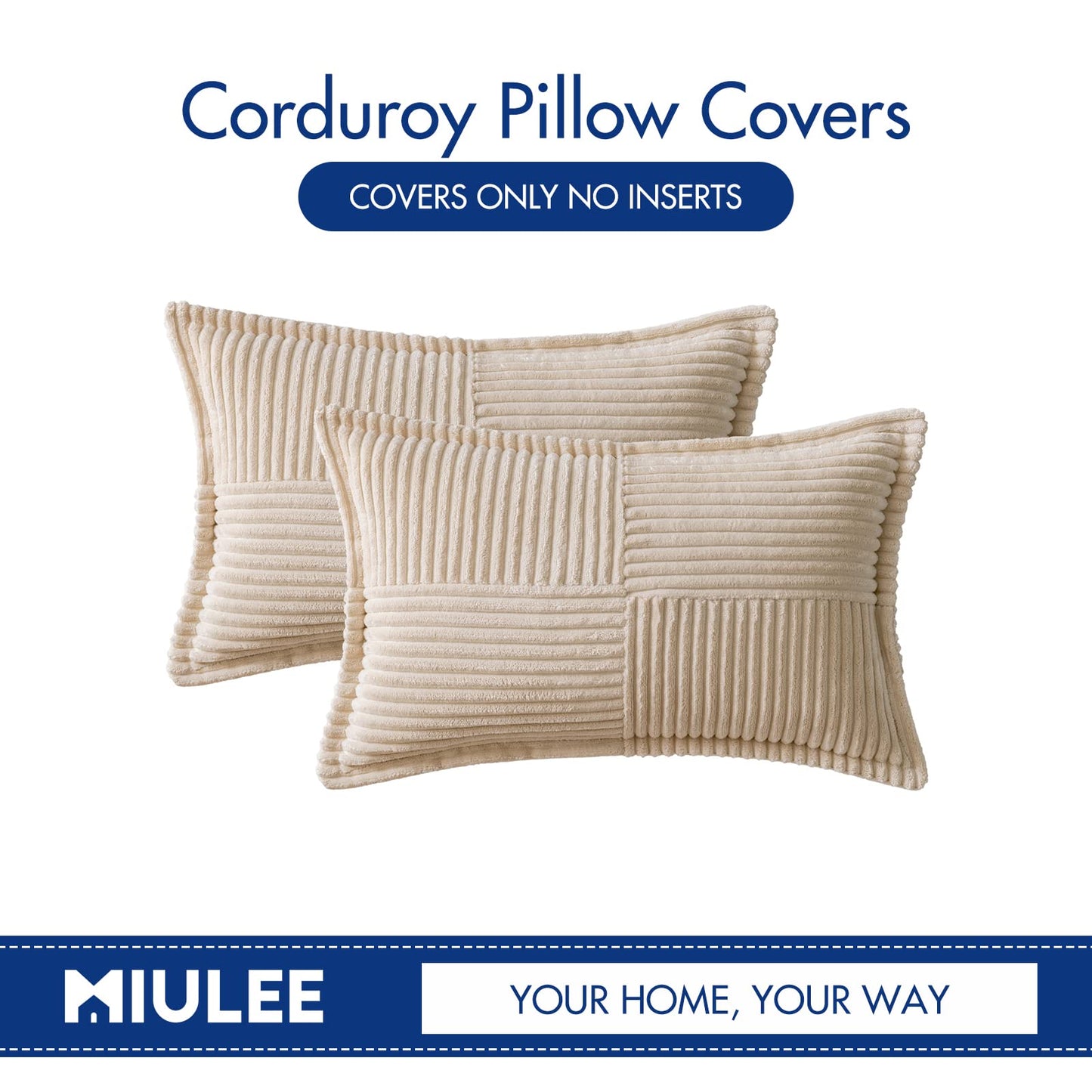 MIULEE Corduroy Pillow Covers with Splicing Set of 2 Super Soft Boho Striped Pillow Covers Broadside Decorative Textured Throw Pillows for Spring Couch Cushion Livingroom 12x20 inch, Beige