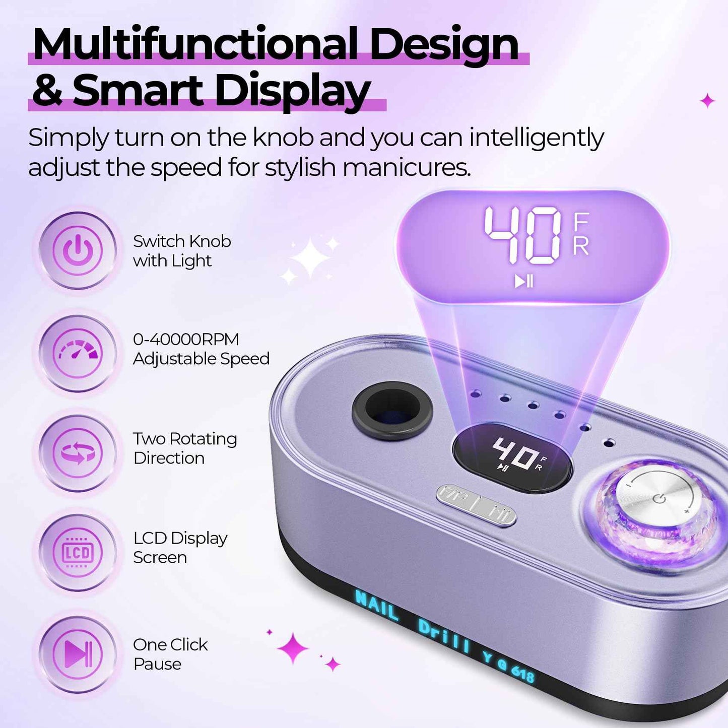 JOSGLOI Electric Nail Drill Professional: 40000RPM Electric Nail File Kit E File Nail Drill Machine with LCD Display for Acrylic Gel Nail, Manicure Pedicure Polishing Nail Grinder for Salon Home Use