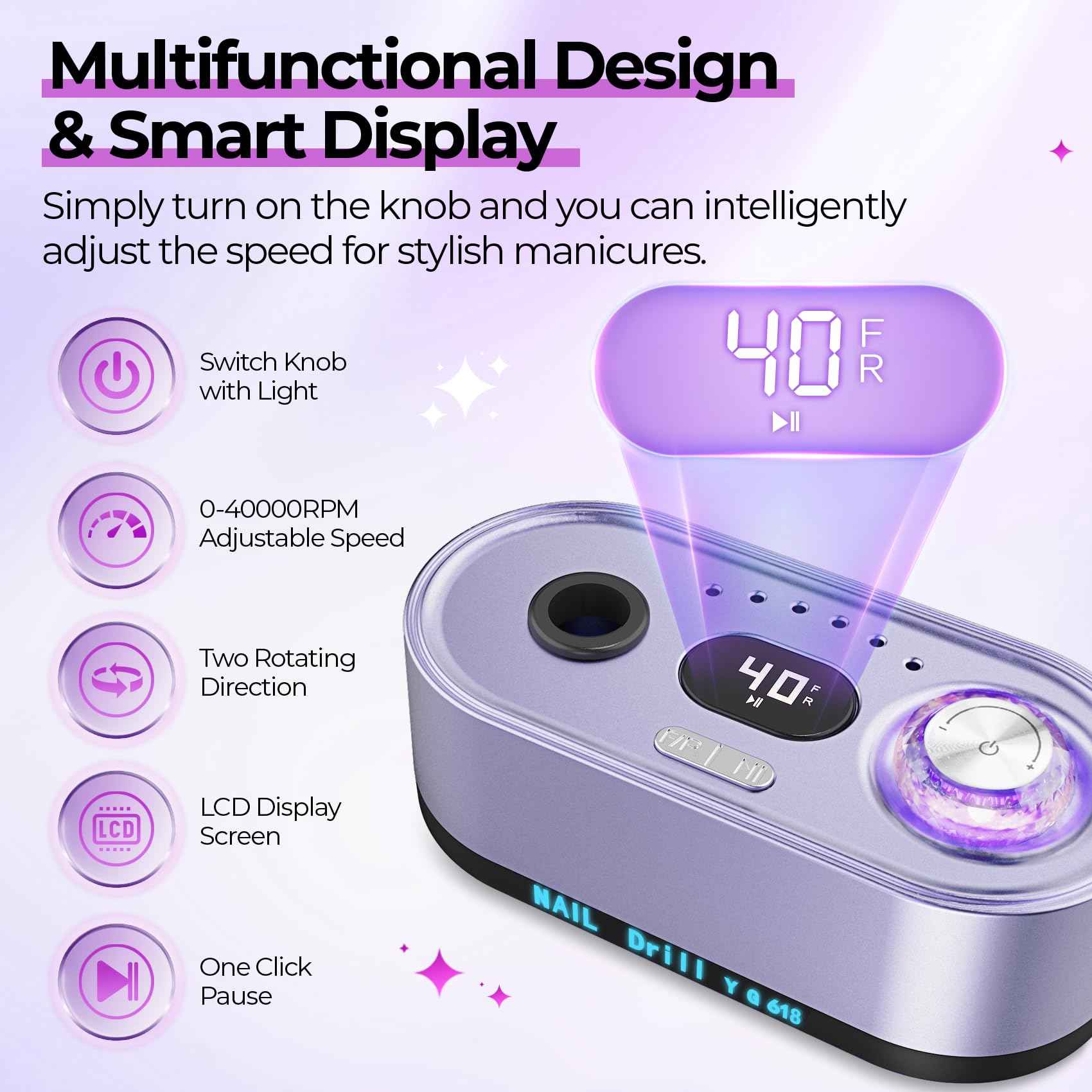 JOSGLOI Electric Nail Drill Professional: 40000RPM Electric Nail File Kit E File Nail Drill Machine with LCD Display for Acrylic Gel Nail, Manicure Pedicure Polishing Nail Grinder for Salon Home Use