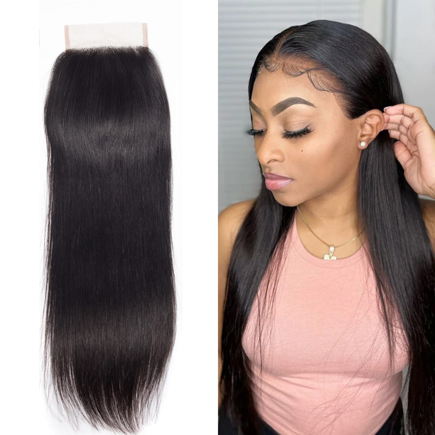 4x4 Lace Closure Straight Free Part Unprocessed Virgin Brazilian Human Hair Lace Pieces With Baby Hair Bleached Knots Wet And Wavy Sew In Hair Extensions Natural Color 14 inch