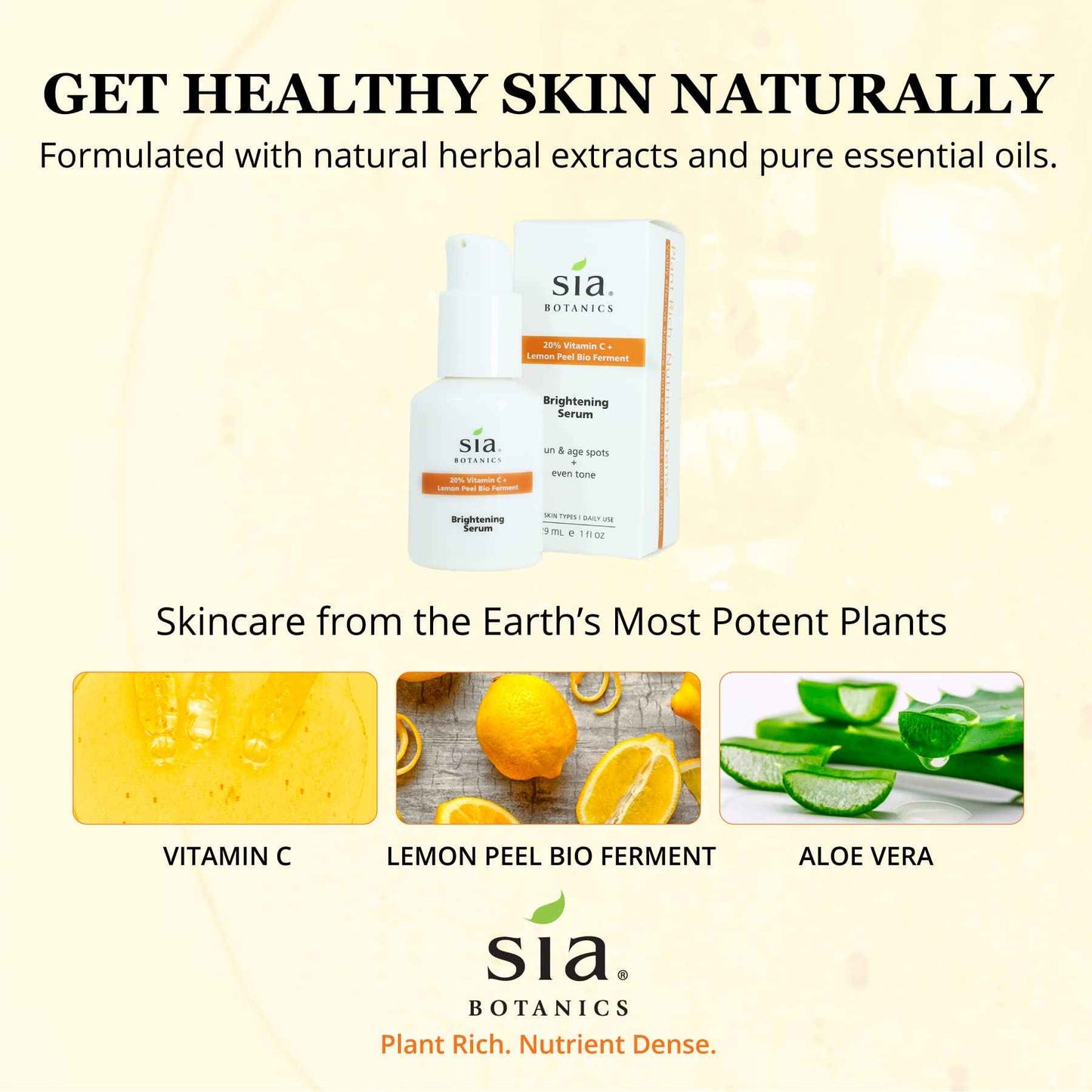 Sia Botanics Brightening Face Serum (30ml/1oz Porceline Bottle) | Facial Treatment w/Vitamin C, Lemon Peel Bio Ferment, Aloe Vera | Natural, Clean, Botanical Skincare for Women