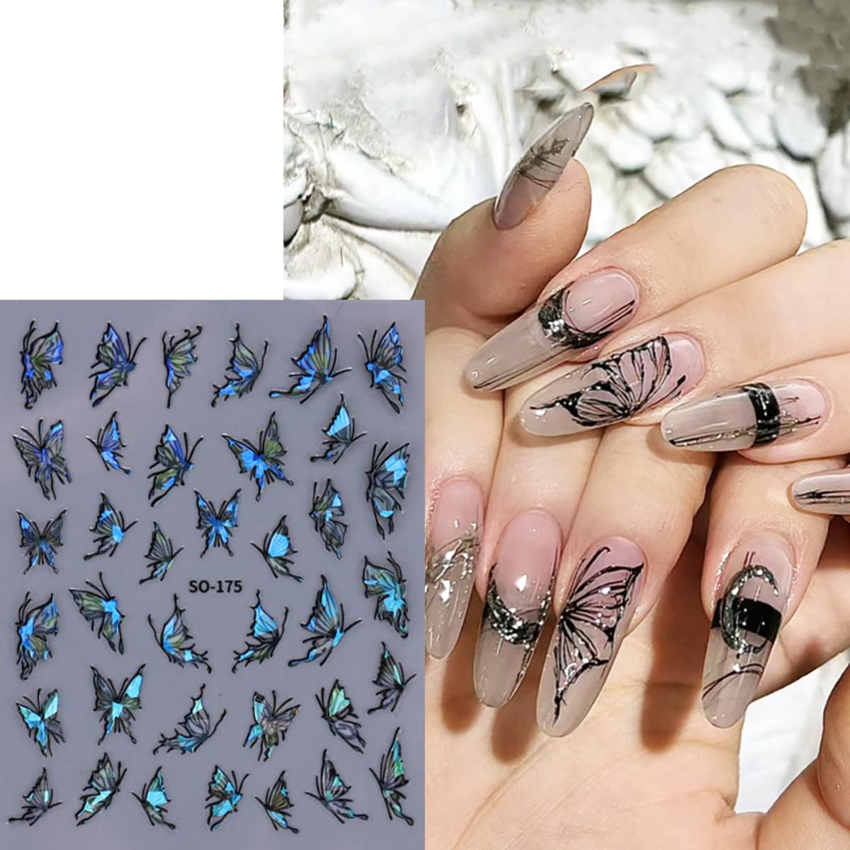 Butterfly Star Nail Art Stickers Decals 3D Self-Adhesive Laser White Black Blue Pink Butterfly Nail Art Designs Sticker Butterflies Nail Supplies Charms for Women Manicure Nail Decoration 6 Sheets