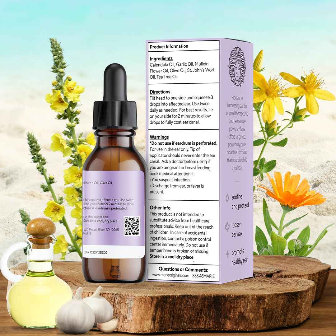 Marie Originals Natural Ear Oil Drops | Mullein Garlic Oil Ear Drops for Infections Prevention, Herbal Ear Ache Drops for Adults, Kids & Pets, Soothes Ear Pain & Wax Removal, Earache Remedies (2 Pack)