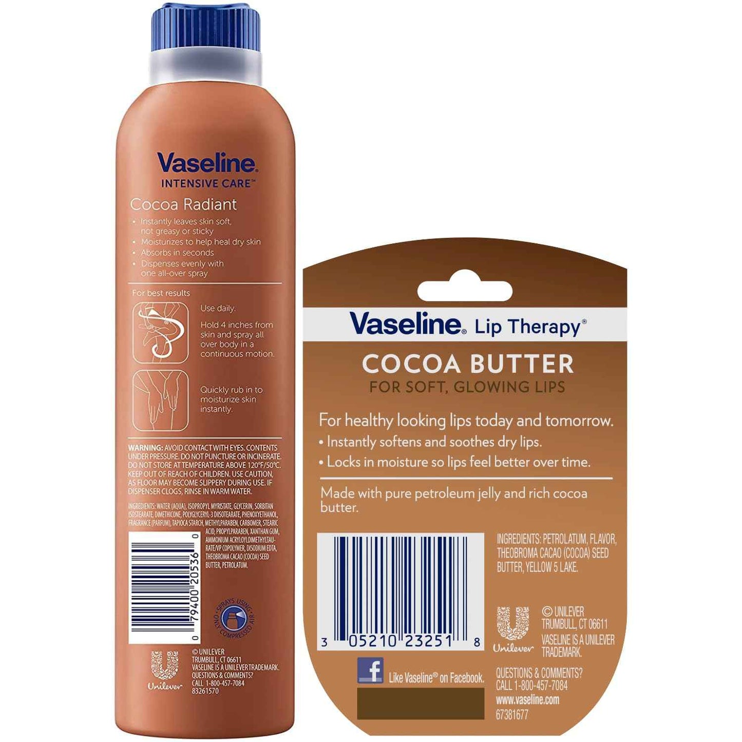 Vaseline Cocoa Radiant Spray Body Lotion 2-Pack + Mini Lip Therapy for Soft, Glowing Skin & Lips