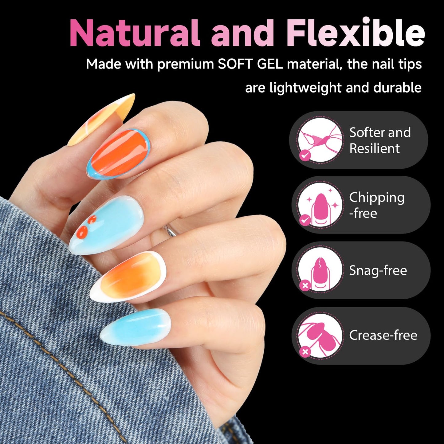 UNA GELLA Almond Nail Tips, 216pcs Pointed Almond Gel X Nail Tips Pre-shape Almond Half Matte Full Cover Nail Tips Clear Acrylic Soft Gel Fake Nail Tip for Nail Extension Nail Art 12 Sizes