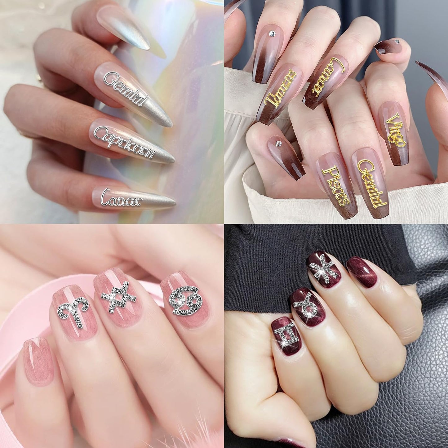 SILPECWEE 36pcs Zodiac Nail Charms 3d Gold Silver Zodiac Sign Nail Letters Flat Back Nail Rhinestones Crystal Diamond Constellation Nail Jewels Studs Alloy Nail Art Decoration