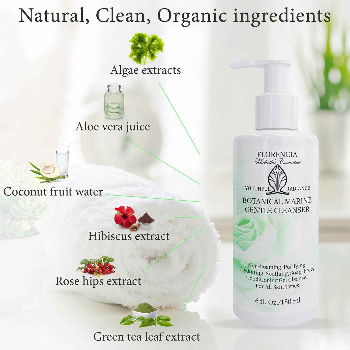 Florencia Botanical Marine Gentle Cleanser - Non-Foaming, Hydrating, Oil-Free Face Wash for Dry to Normal Skin - With Marine Algae & Organic Botanicals - Sensitive Skin, 6 oz