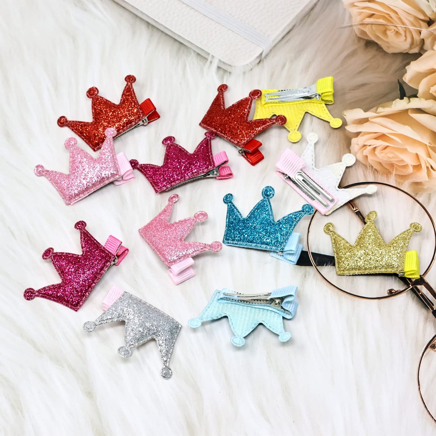 Honbay 12PCS Glitter Shiny Crown Hair Clips Adorable Hairpins Hair Accessories, 6 Colors (Glitter Powder)