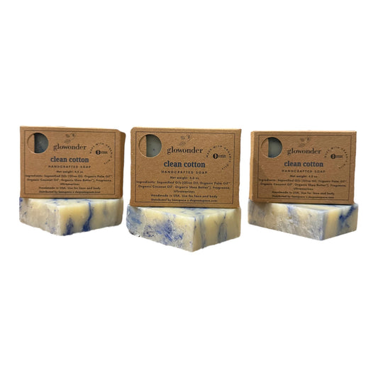 Glowonder 3 Pack Clean Cotton Handmade Organic Bar Soap for Face and Body - Moisturizing, All-Natural, Cruelty-Free - Botanical Ingredients - Shower, Bath, Hand Soaps, Gifts - 13.5 oz