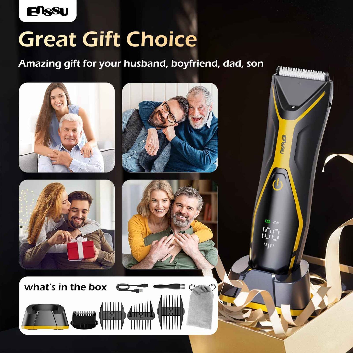 ENSSU Body Hair Trimmer for Men Manscape Trimmer for Men, Electric Ball Shavers with Ceramic Blades & BLADELOCK™, Pubic Hair Groomer IPX7 Waterproof Wet or Dry Use for Groin/Legs/Chest