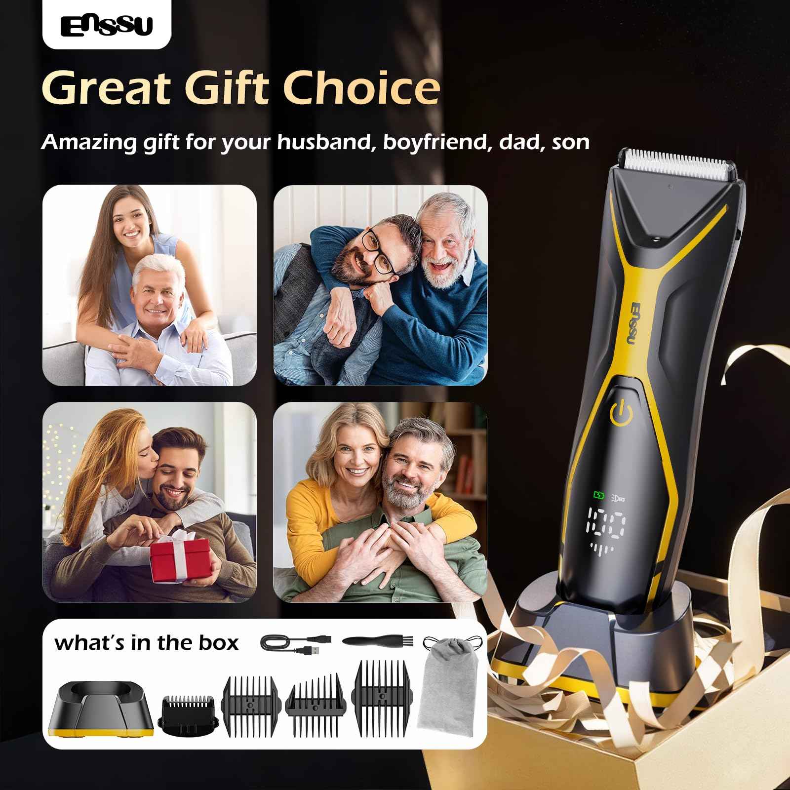 ENSSU Body Hair Trimmer for Men Manscape Trimmer for Men, Electric Ball Shavers with Ceramic Blades & BLADELOCK™, Pubic Hair Groomer IPX7 Waterproof Wet or Dry Use for Groin/Legs/Chest