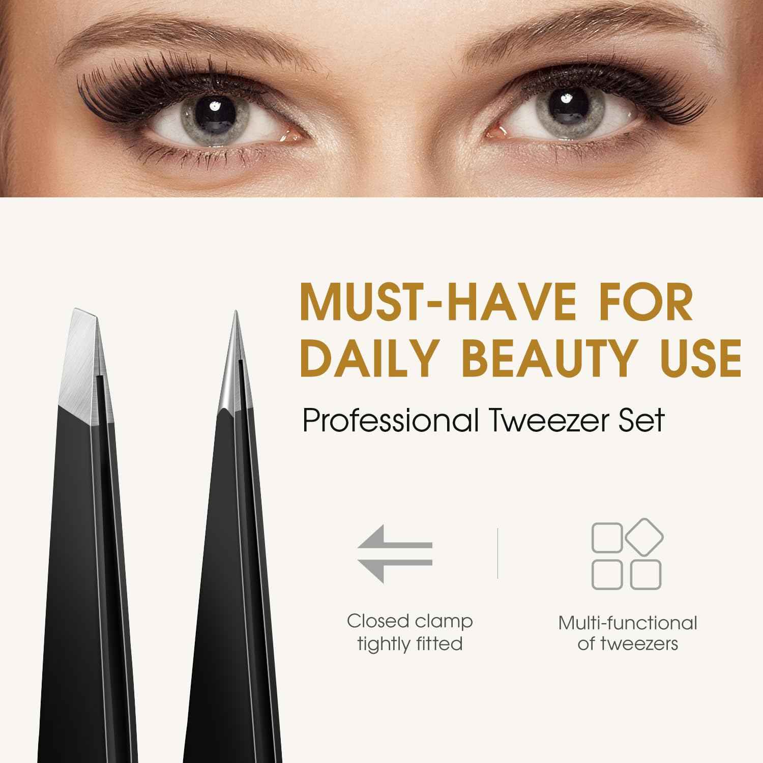 TsMADDTs Slant and Point Tip Tweezers for Women and Men, 2-Pack Professional Stainless Steel Precision Tweezers for Eyebrows, Facial Hair, Ingrown Hair Removal