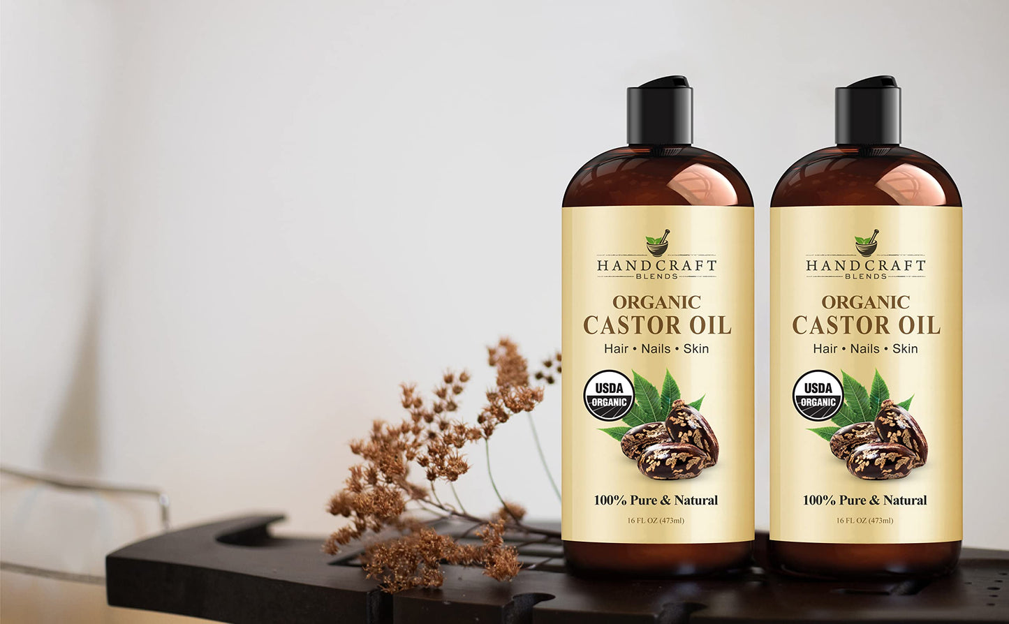 Handcraft Blends Organic Castor Oil for Hair Growth, Eyelashes and Eyebrows - 100% Pure and Natural Carrier Oil, Hair Oil and Body Oil - Moisturizing Massage Oil for Aromatherapy - 16 fl. Oz