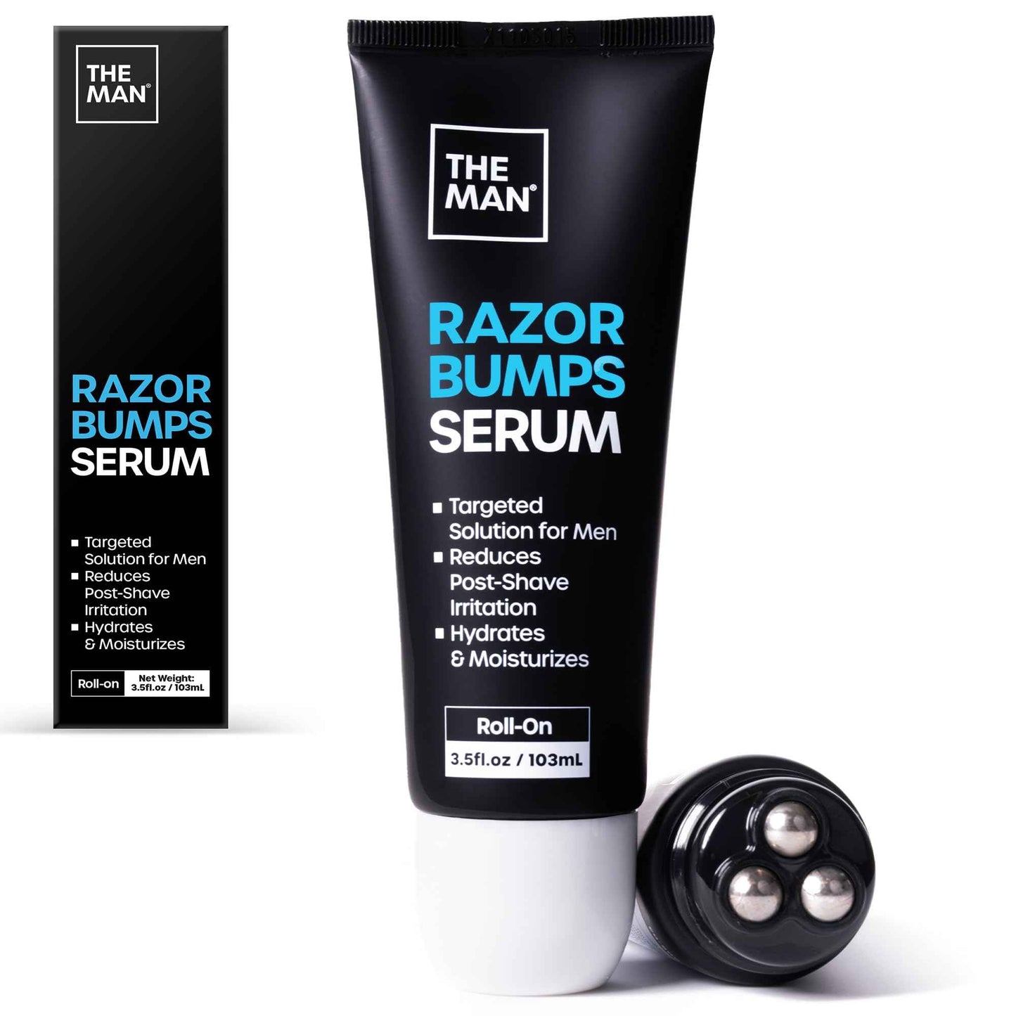 The Man Razor Bumps Serum - Ingrown Hair Treatment for Men - Razor Bump Treatment for Men - Face & Body After Shave & Razor Burn Treatment - Metal Roll On Soothes Skin & Calms Irritation (3.5fl.oz)