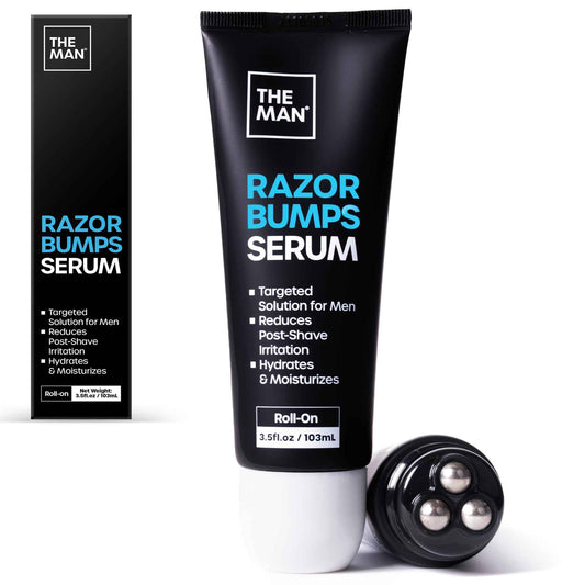 The Man Razor Bumps Serum - Ingrown Hair Treatment for Men - Razor Bump Treatment for Men - Face & Body After Shave & Razor Burn Treatment - Metal Roll On Soothes Skin & Calms Irritation (3.5fl.oz)