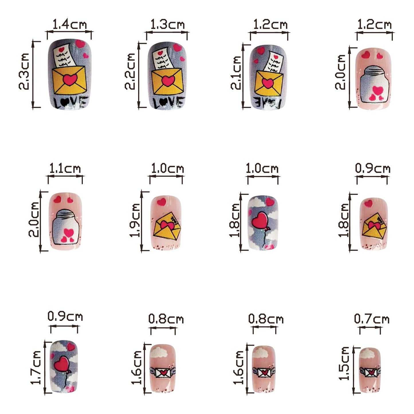 24Pcs Valentine's Day Press on Nails Cute Short Square Fake Nails Love Letter Envelope Design Glossy Glue on Nails Artificial False Nails Love Balloon Acrylic Nails for Women Valentines Nails Art