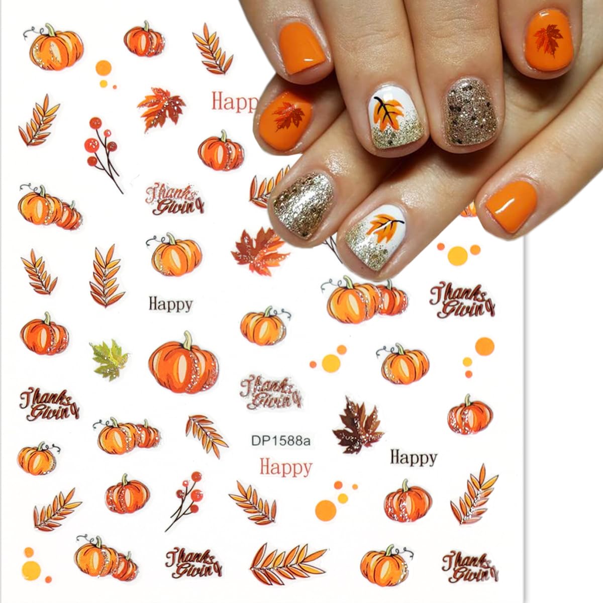 6 Sheets Fall Nail Art Stickers 3D Thanksgiving Pumpkins Nail Decals Glitter Design Turkey Maple Leaves Nail Stickers Self-Adhesive Autumn Nail Supplies for Women DIY Holiday Manicure Accessories