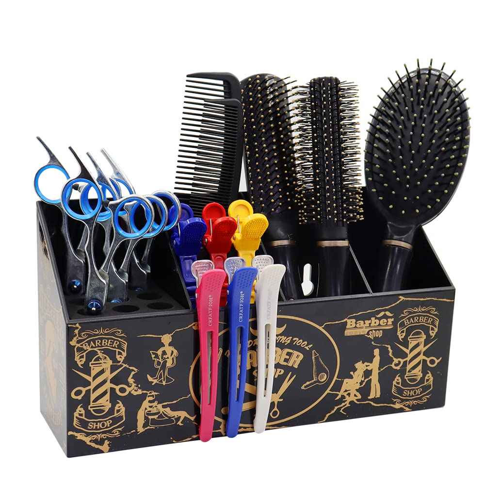Flytreal Barber Scissor Shear Holder Box, Hair Salon Supplies Acessories Tool Station Desk Organizer Case, Combs Clips Scissors Stand Storage for Stylist Groomers Hairdressers (L-Black)