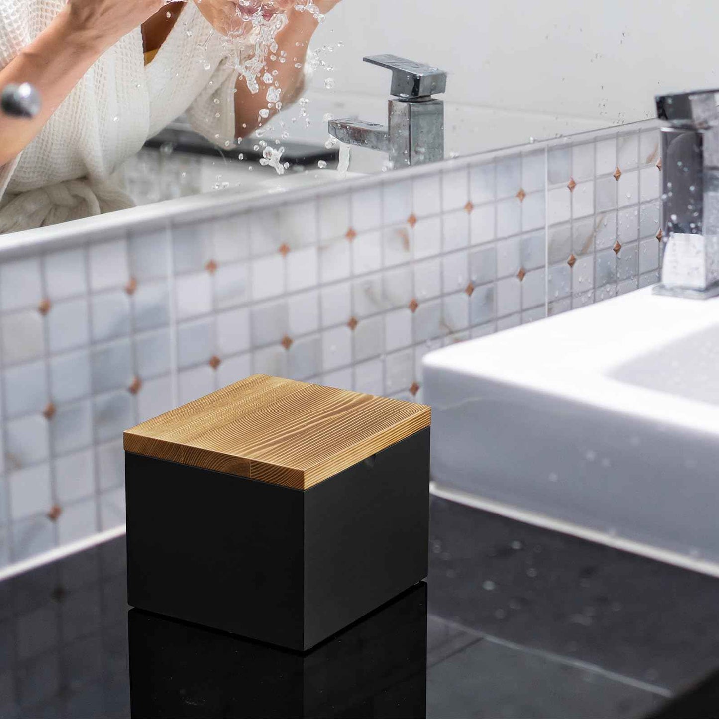 CMLKLZD Disposable Face Towel Holder, Wooden Box Compatible with Clean Towels XL(NOT Included), Black Container for Cleansing Facial Dry Wipes, Face Towelettes Bathroom Counter Storage