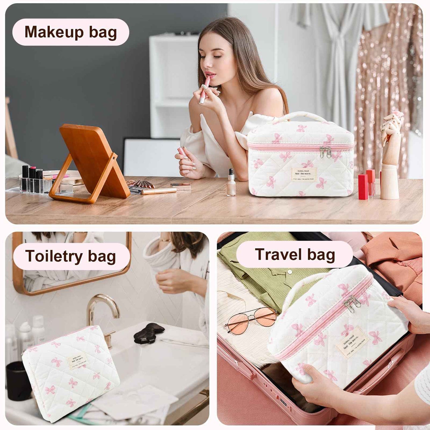 GISMTR 3Pcs Makeup Bag Cotton Quilted Travel Cosmetic Bag Cute Floral Makeup Pouch Large Toiletry Bag for Women Girls (Bow-Pink)