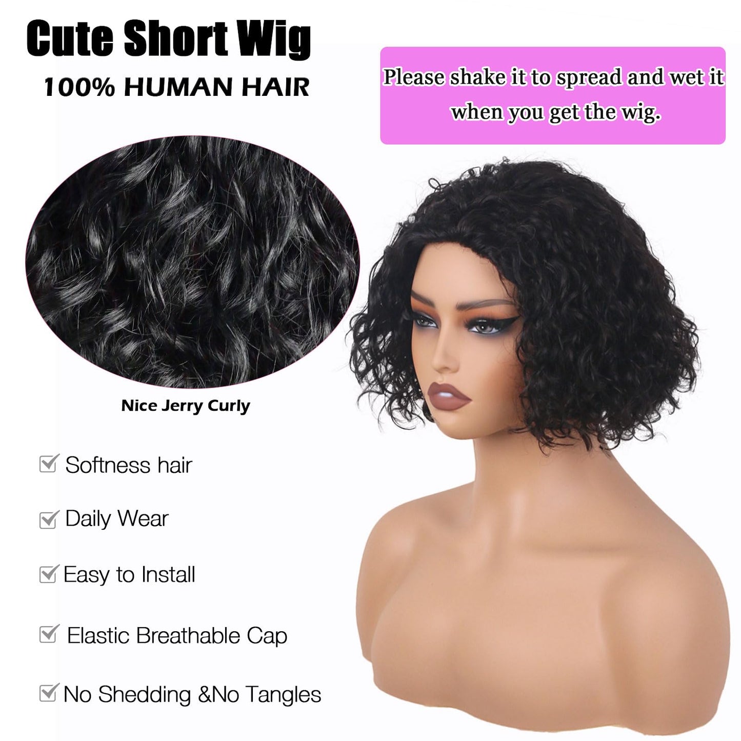 ManeMajesty Short Curly Wig Human Hair for Black Women Wear and Go Glueless Deep Curly Wig Bob Jerry Curl 100% Human Hair Wigs No Lace Front Machine Made Natural Black 10 Inch