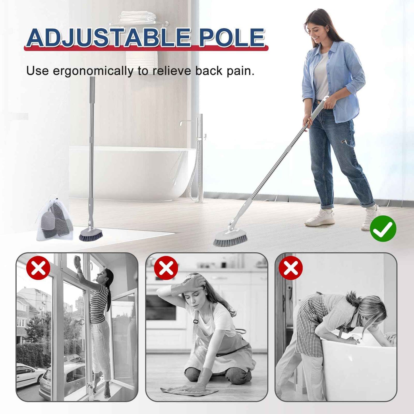 Tile Tub Floor Cleaner Scrubber With Long Handle - 5-in-1 Shower Brush Set for Bathroom, Kitchen, Walls, Sink - Includes Window Scraper and 3 Detachable No Scratch Heads