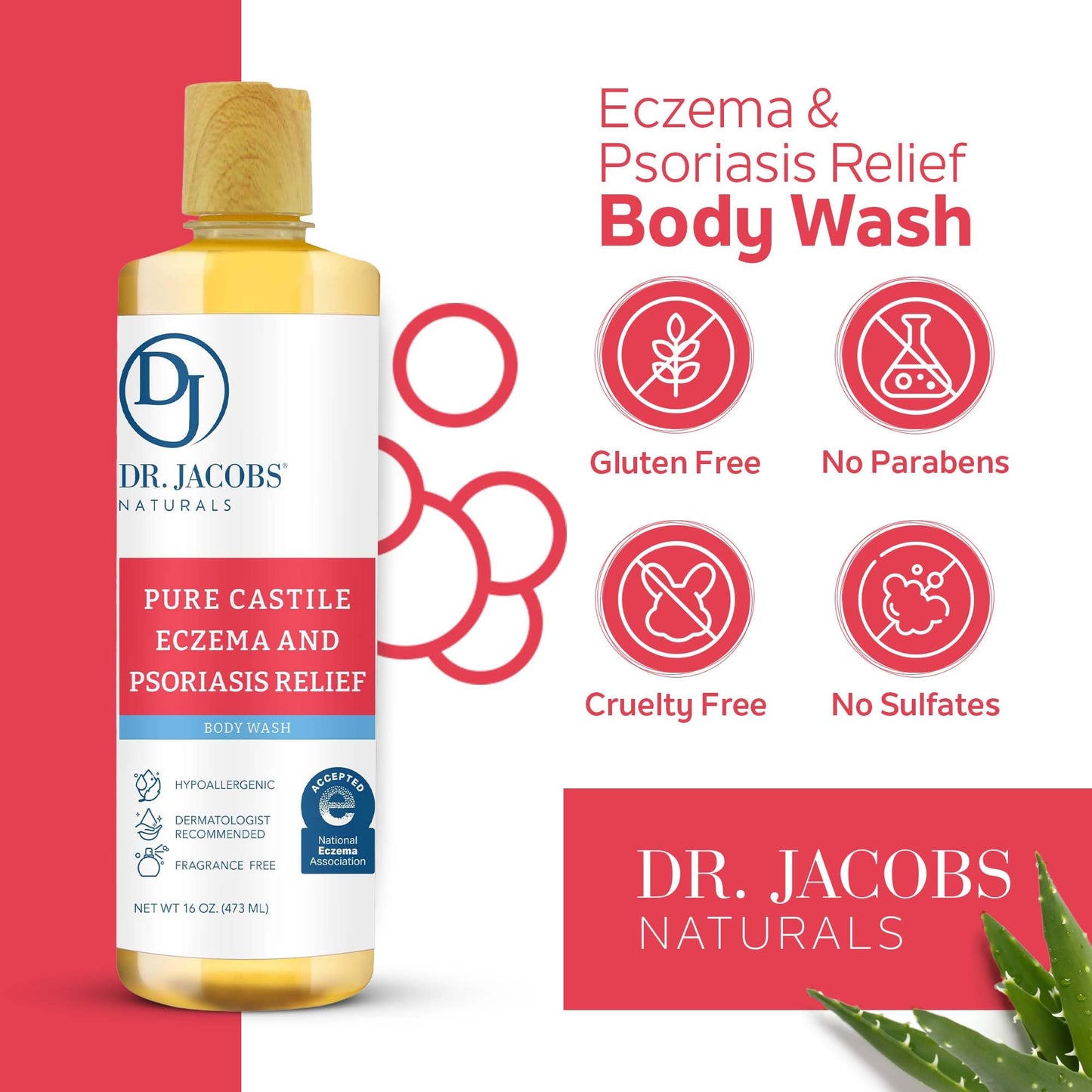 Dr. Jacobs Naturals Hypoallergenic Castile Soap, Dermatologist Tested Unscented Soap for Eczema & Psoriasis Relief - Sensitive Skin Body Wash Vegan & Gluten-Free Formula for All-Day Hydration 16oz-2PK