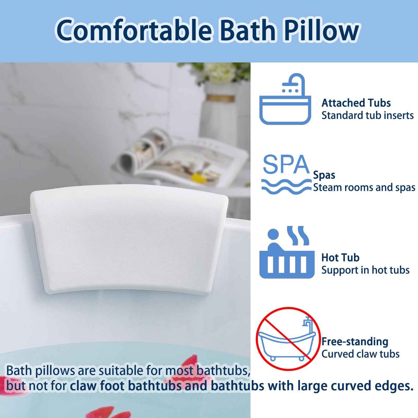 Guluto Bath Pillow, Bath Pillows for Tub with Head, Neck and Shoulder Support, Ergonomic Waterproof Bathtub Pillow with Strong Non-Slip Suction Cups, Relaxing Spa, Hot Tubs, Bathroom Essentials White