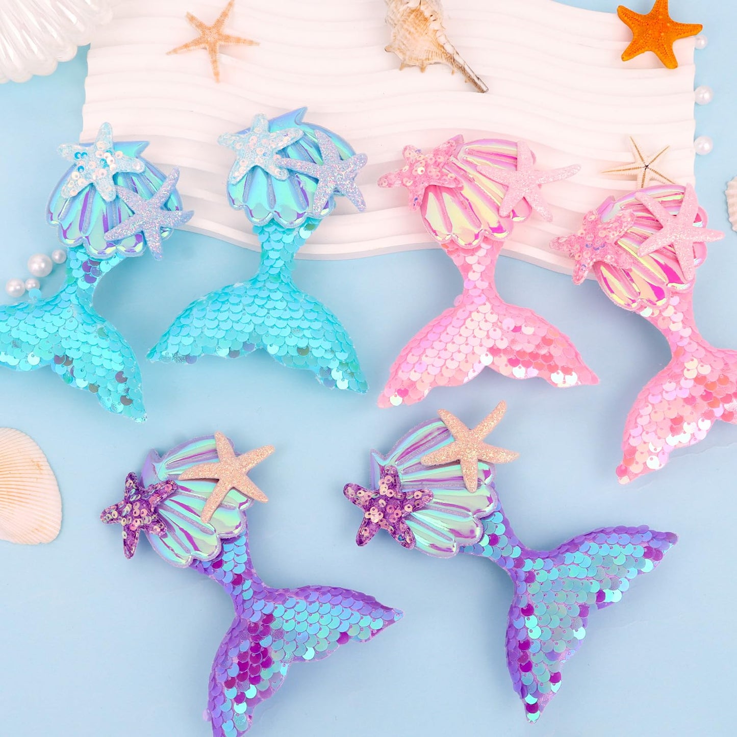 GAFATORY 6Pcs Mermaid Hair Clips for Girls Starfish Hair Claw Clips Fish Tail Hair Clips Set Pink Purple Blue Hair Clips for Women Glitter Hair Accessories Sequin Fishtail Sparkling Hair Claw Clips