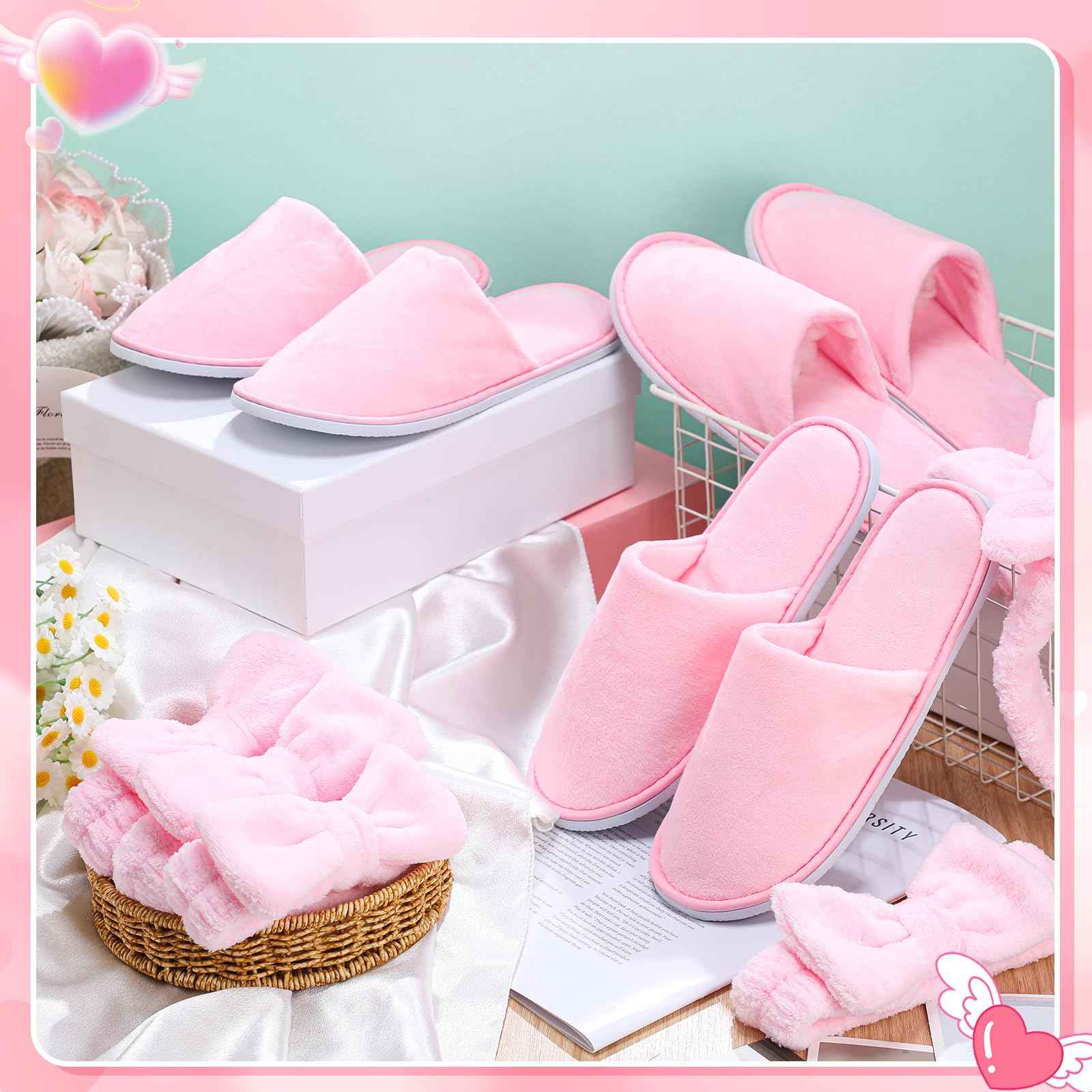 Twistover 12 Pcs Christmas Girls Spa Party Supplies for Kids Gifts Sleepover Party Supplies Include 6 Closed Toe Kids Disposable Slippers 6 Bow Spa Headbands for Makeup Slumber Favors Birthday(Pink)