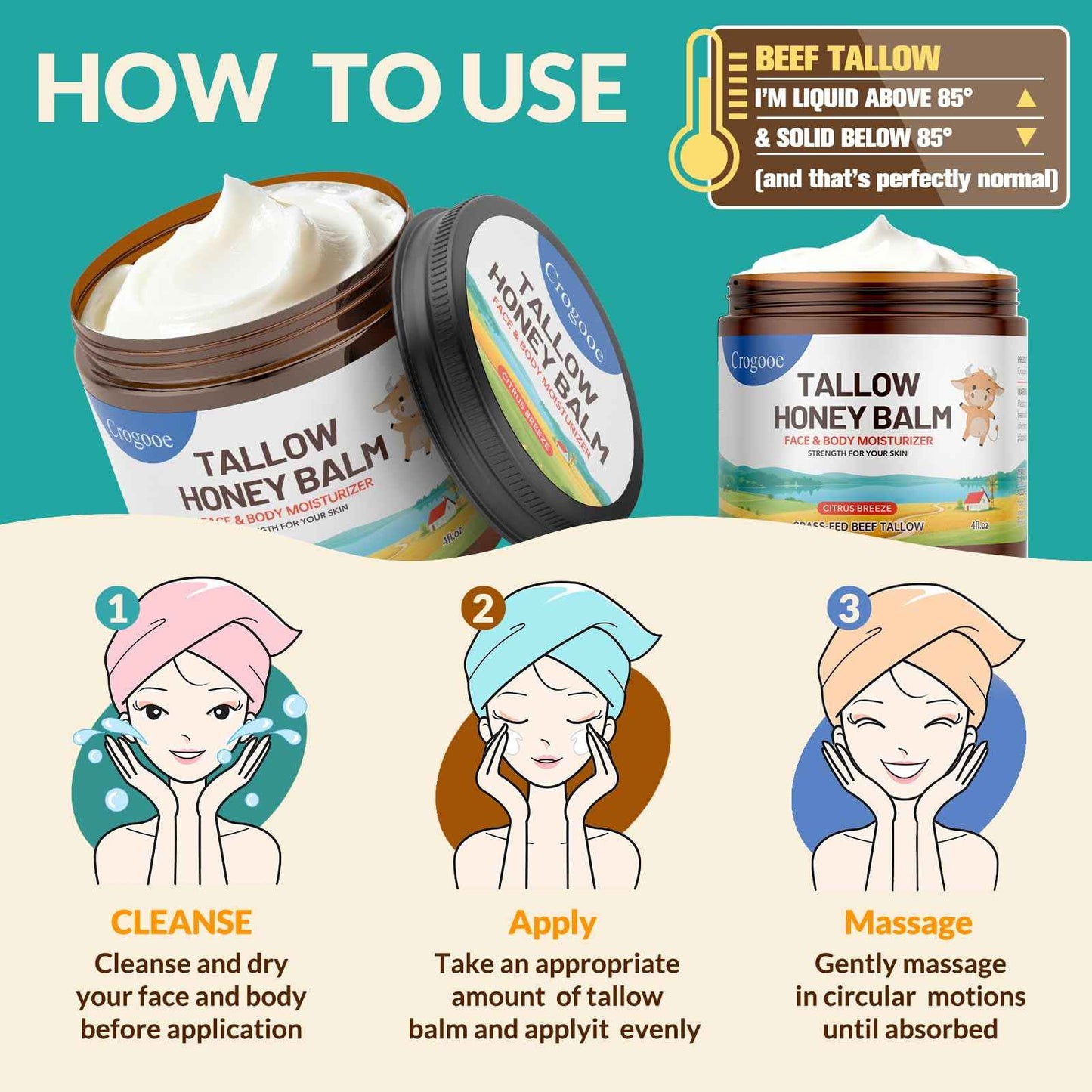 Beef Talow for Skin - 100% Grass Fed - Whipped Tallow and Honey Balm，Moisturizer Cream for Face & Body -Natural Organic Formula for Dry & Sensitive Skin (Citrus Breeze) (4 oz)