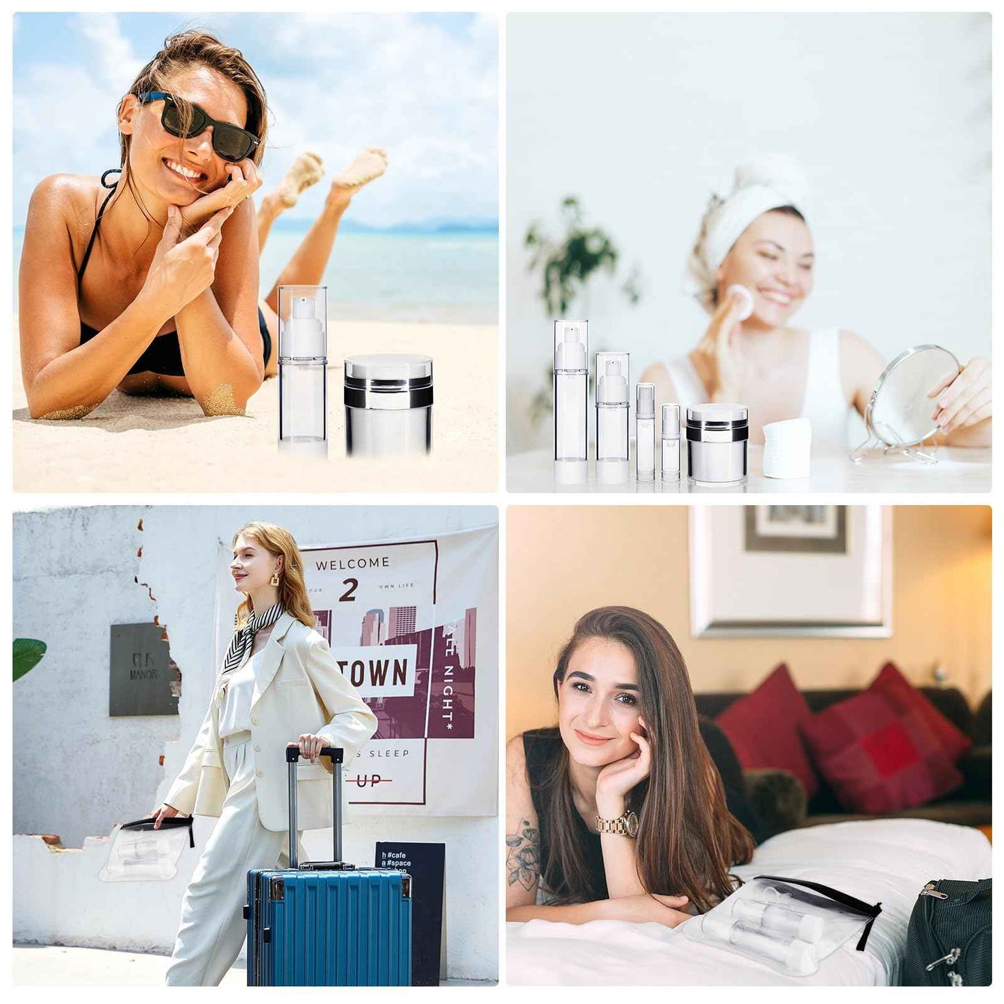 KOUWICH 34 Pack Airless Pump Jars Set, 1.7/1/0.7/0.34oz Refillable Travel Size Containers, Leak-Proof Toiletry Bottles for Skincare and Creams, Lotion, Eye Cream, Liquid, Foundation, Shampoo