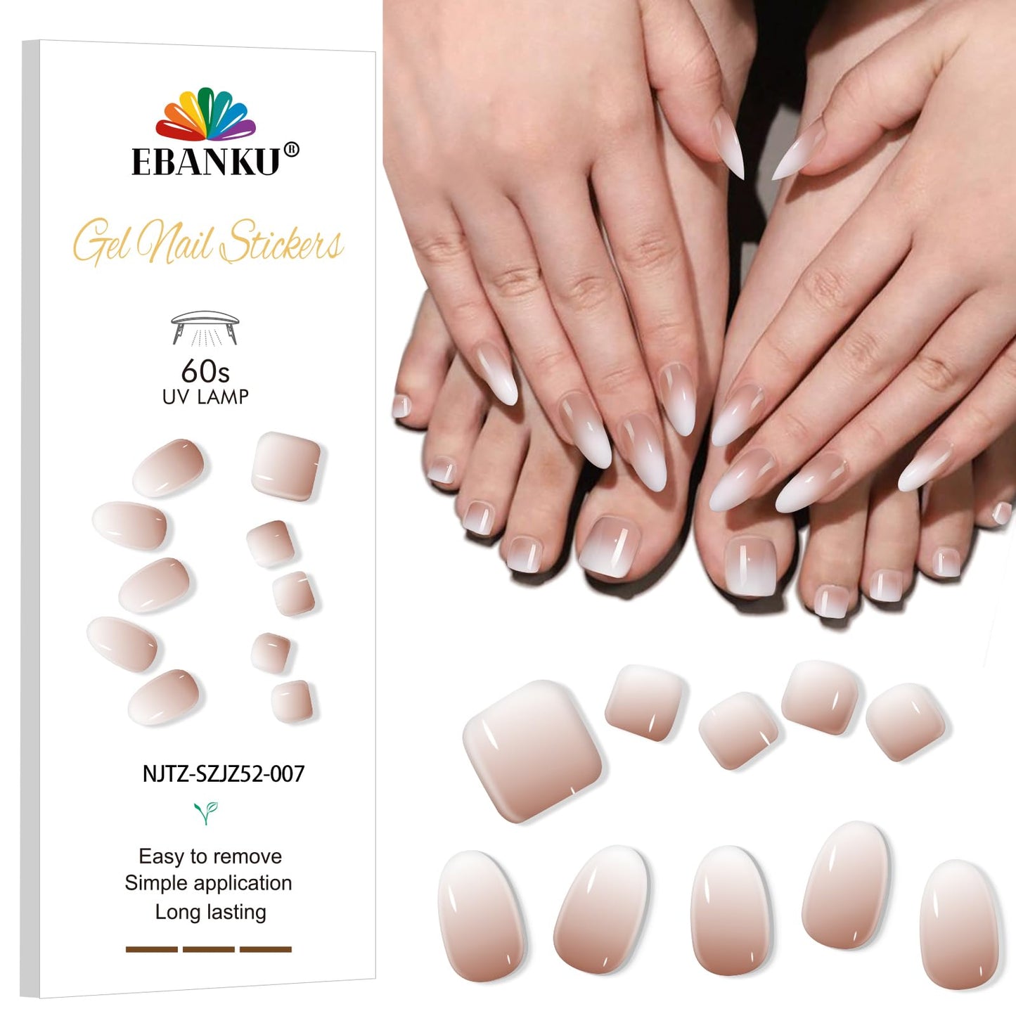 EBANKU Semi-Cured Gel Toenail Strips, 52PCS Nude Ombre Pedi Nail Wraps & Gel Nail Strips Stickers, Works with UV Lamps, Long Lasting, Easy to Use- Includes 2 Prep Pads, Nail File & Nail Stick