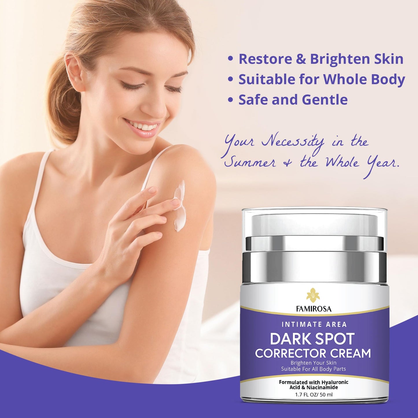 Famirosa Dark Spot Corrector Cream-Underarm Cream for Armpit, Neck, Knees, Elbows, Inner Thigh, Private Parts- Intimate Skin Cream- Formulated with Hyaluronic Acid, Niacinamide and Vitamin C-50 ml