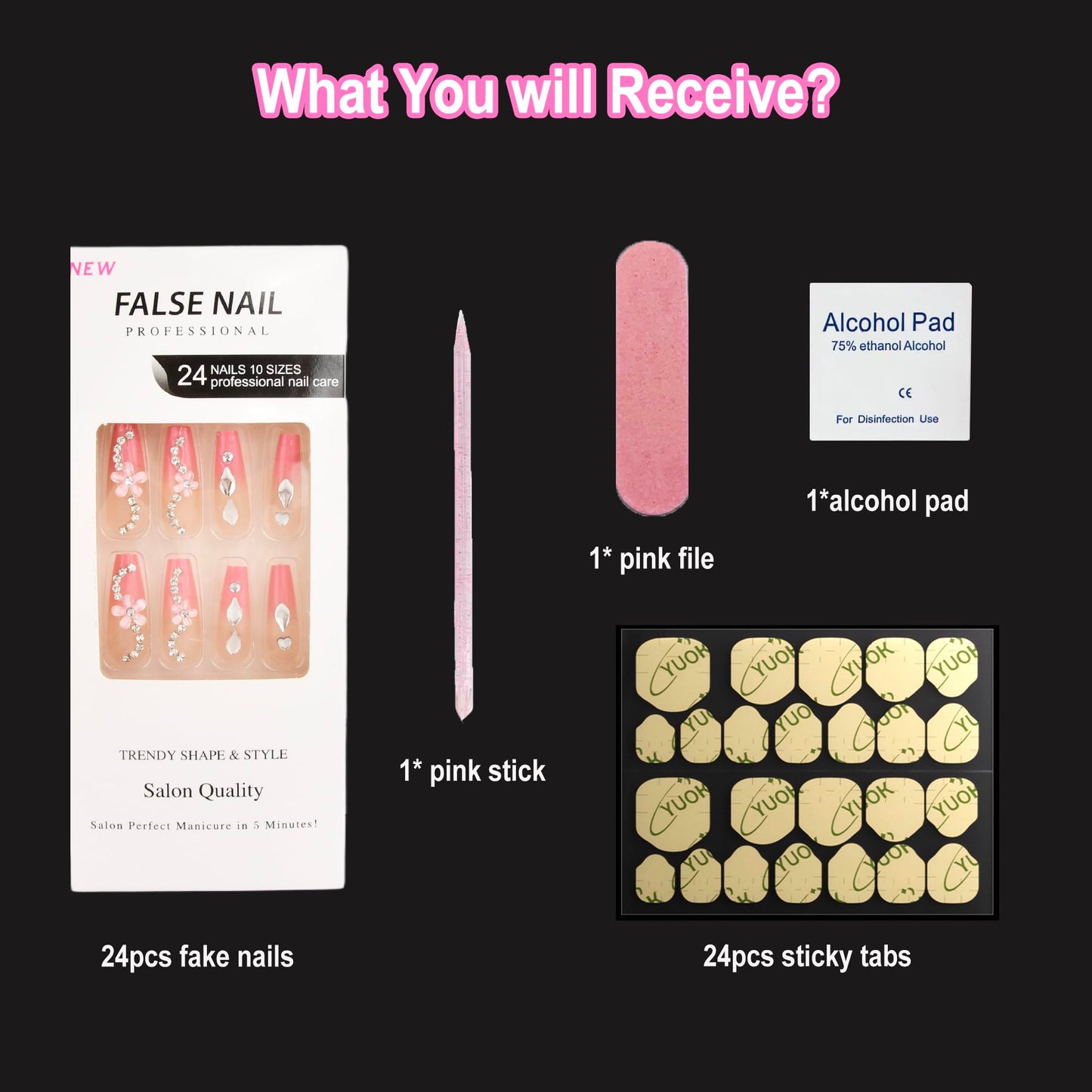 Ritastar Press on Nails Medium Long Square Coffin,Cute Bling Rhinestone Pink Flower Stick on Nails for Women,Jelly Glue on False Nail Kit,24pcs Thin Glossy Acrylic Fake Nails with 24pcs Sticky Tabs