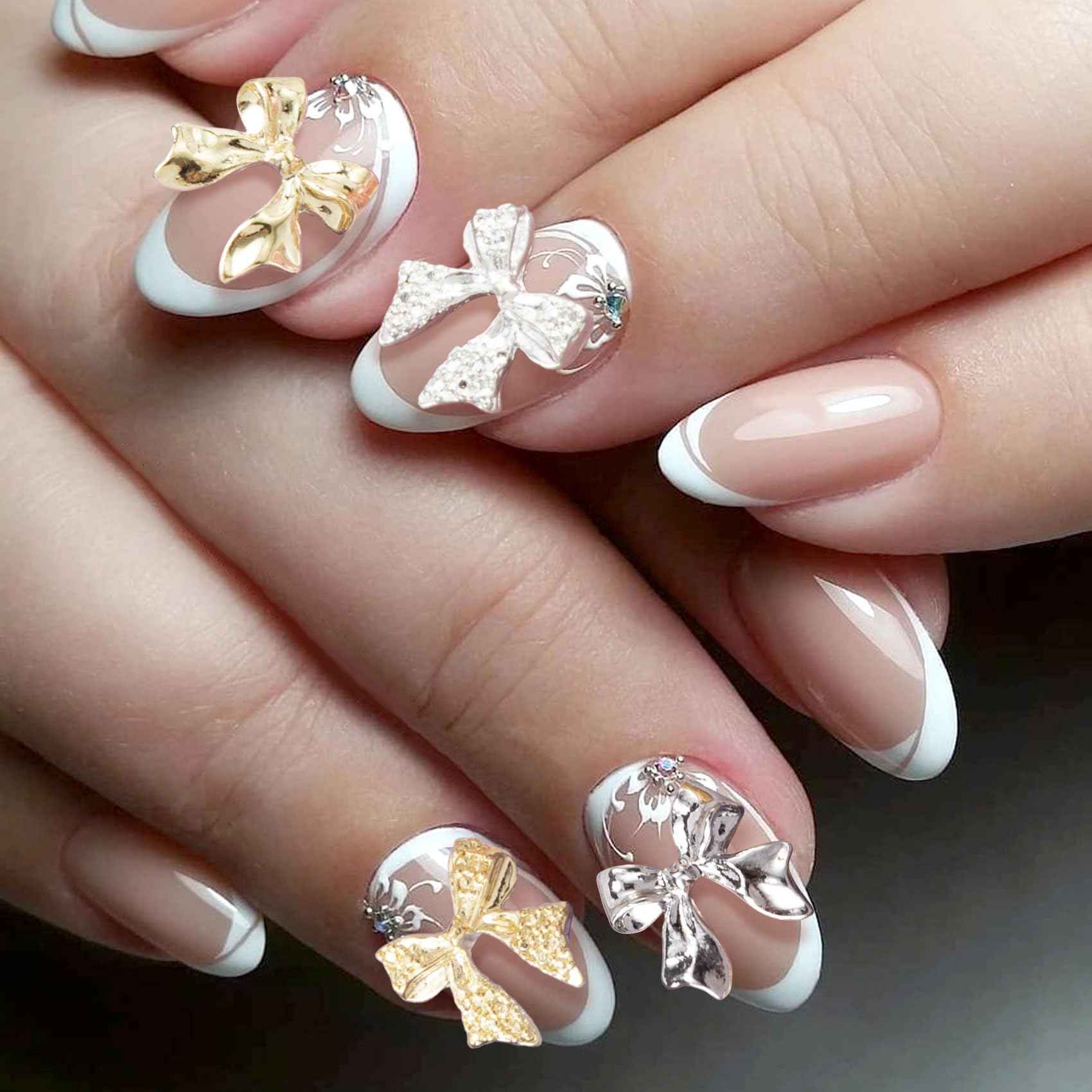 HINZIC 70Pcs 3D Bow Nail Charm Gold Silver Black Cute Bowknot Nail Art Bows Alloy Glitter Acrylic Rhinestones Gems Valentine Wedding Prom Jewelry Decoration for Women Manicure Cards Making