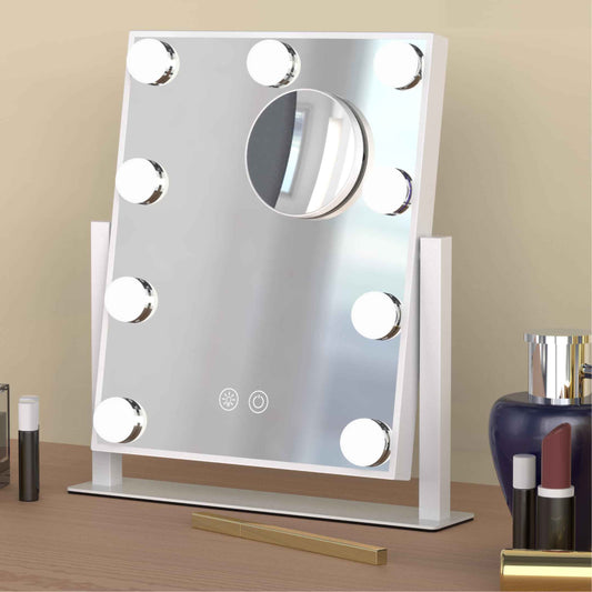 Lighted Vanity Mirror for Desk or Dorm, Dimmable 9 LED Bulbs Makeup Mirror with 3 Color Lights, Touch Sensor, USB Powered, Portable Table Mirror for Girls, Teens, Students(12in, White)