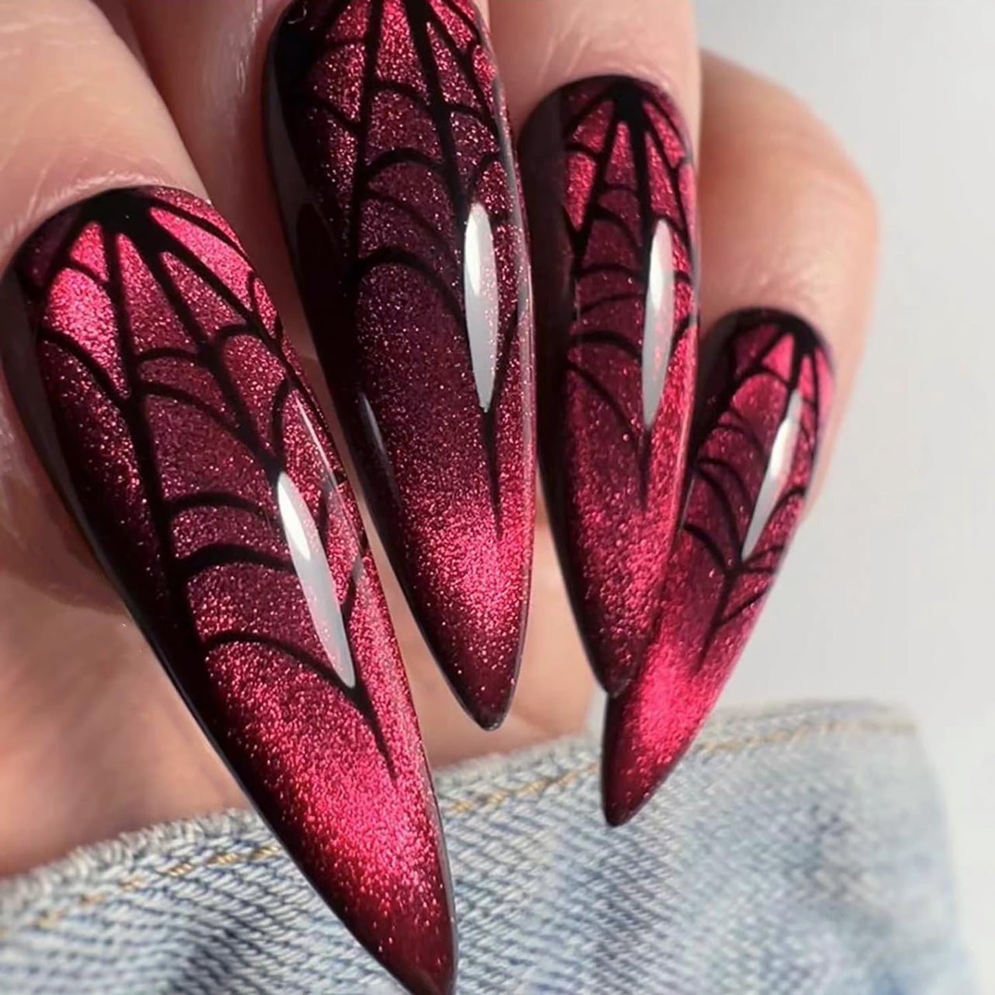 24 Pcs Halloween Nails Long Press on Nails Almond Fake Nails Dark Red Sparkly RIICFDD False Nails With Spider Web Pattern Designs Full Cover Glossy Stick on Nails for Women and Girls Artificial Nails