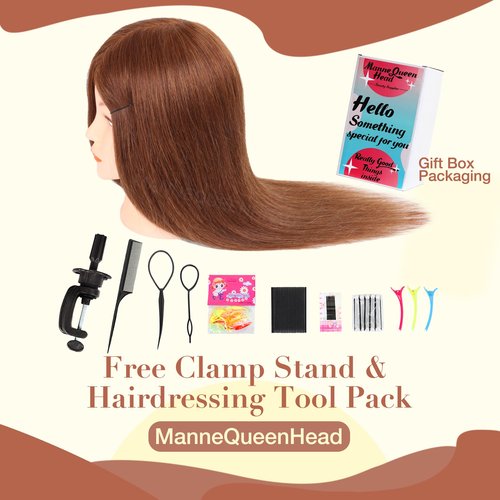 Mannequin Head with Human Hair - 20-22" Cosmetology Mannequin Head with 100% Real Human Hair for Braiding Practice Cutting - Manikin Head with Human Hair for Hairdresser (Brown)