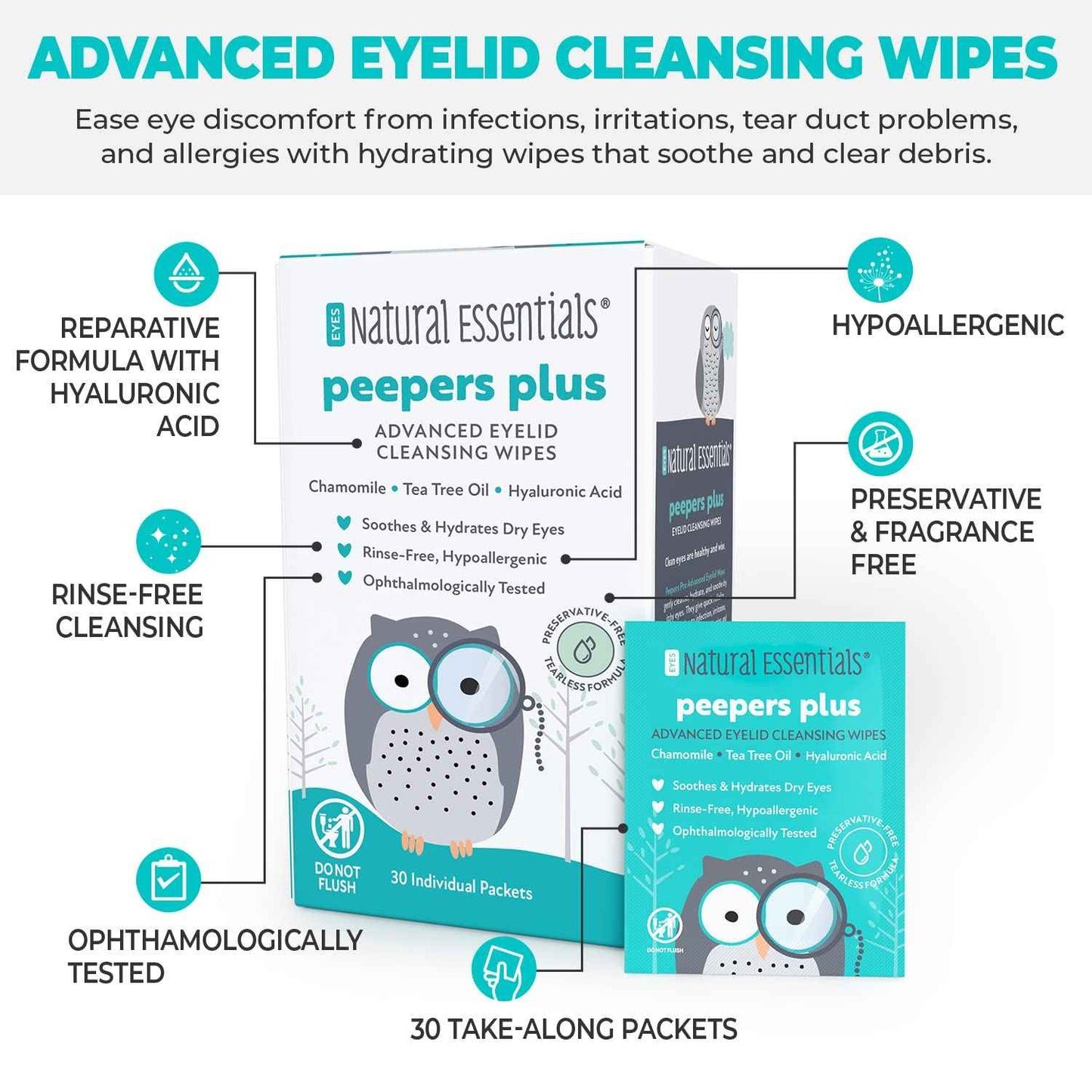 Natural Essentials Peepers Plus Eyelid Wipes, Preservative-Free & Rinse-Free Eye Wipes for Daily Use, Hydrating & Moisturizing Hyaluronic Acid & Tea Tree Oil Soothes Allergy Dry Eyes, 30 Count (2pk)