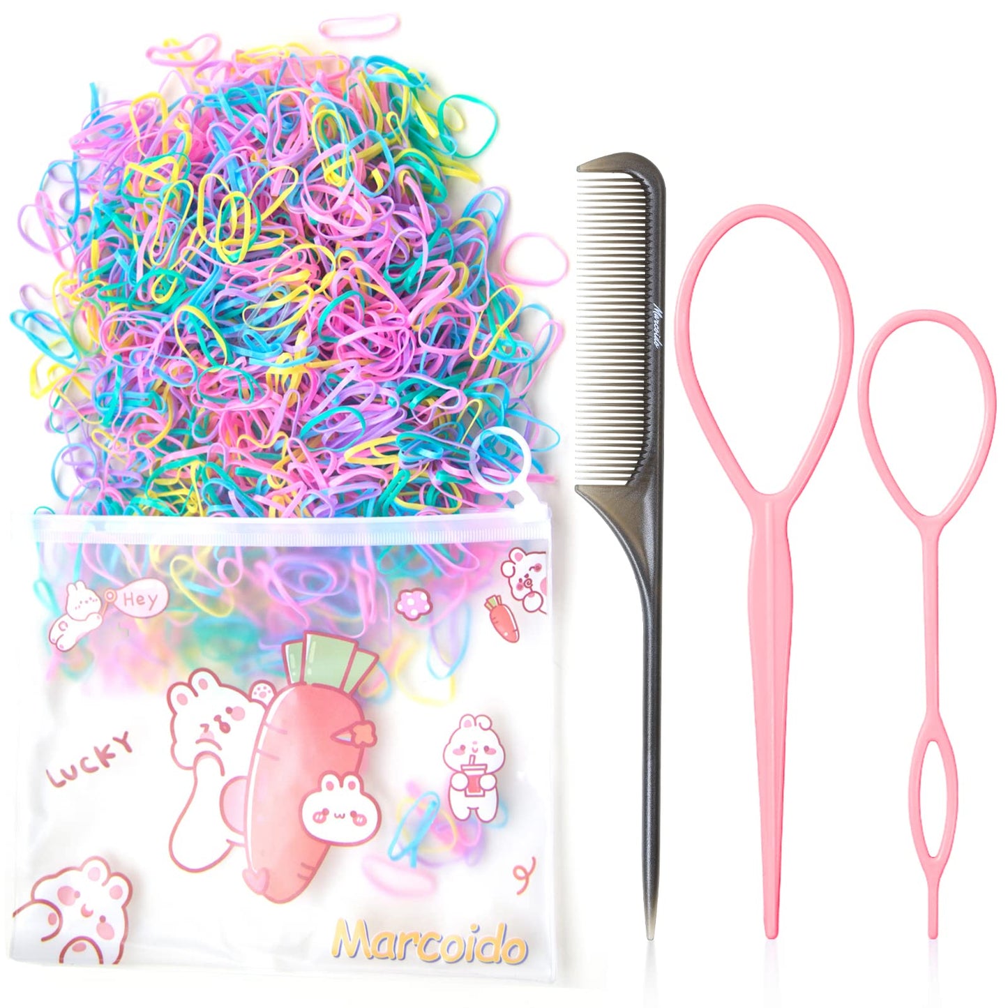 Marcoido Mix Color Hair Elastics & Styling Set - 1000pcs Hair Bands, Braiding Tools, Rat Tail Comb for Teens & Kids (Rainbow+)