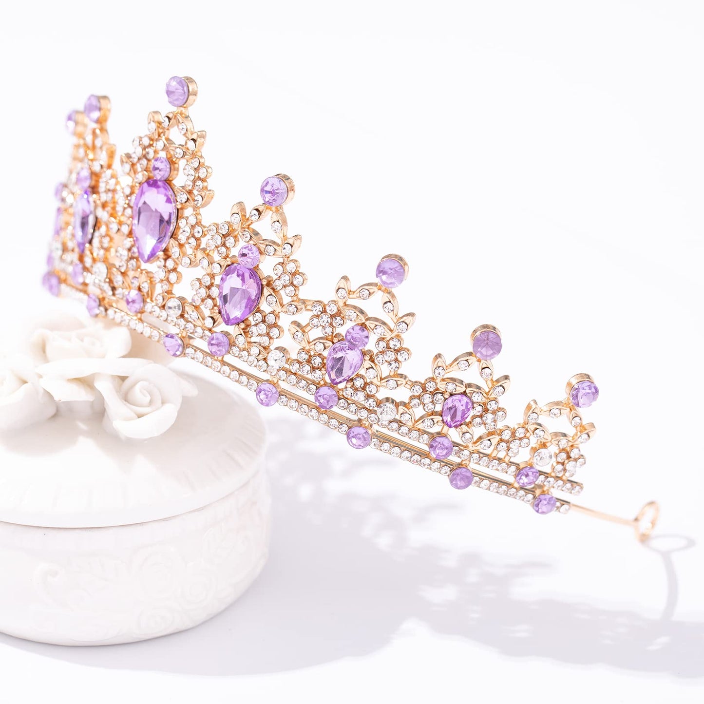 FORSEVEN Crystal Tiaras for Women, Wedding Tiaras and Crowns for Women Tiaras for Girls Birthday Party Princess Crown Hair Accessories Bride Rhinestone Headbands (Gold+Light Purple)